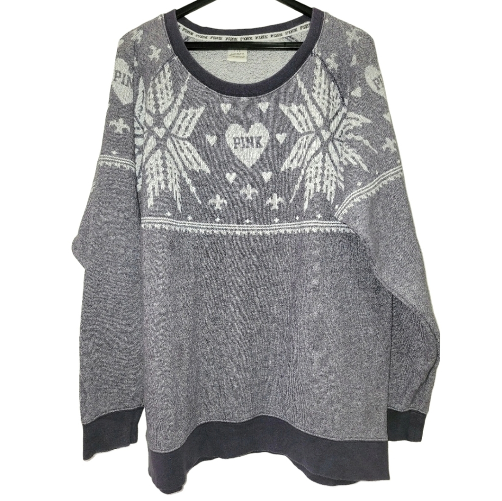 Victoria's Secret Pink Oversized Snowflake Sweater/Tunic Gray White Size Large - Picture 6 of 14